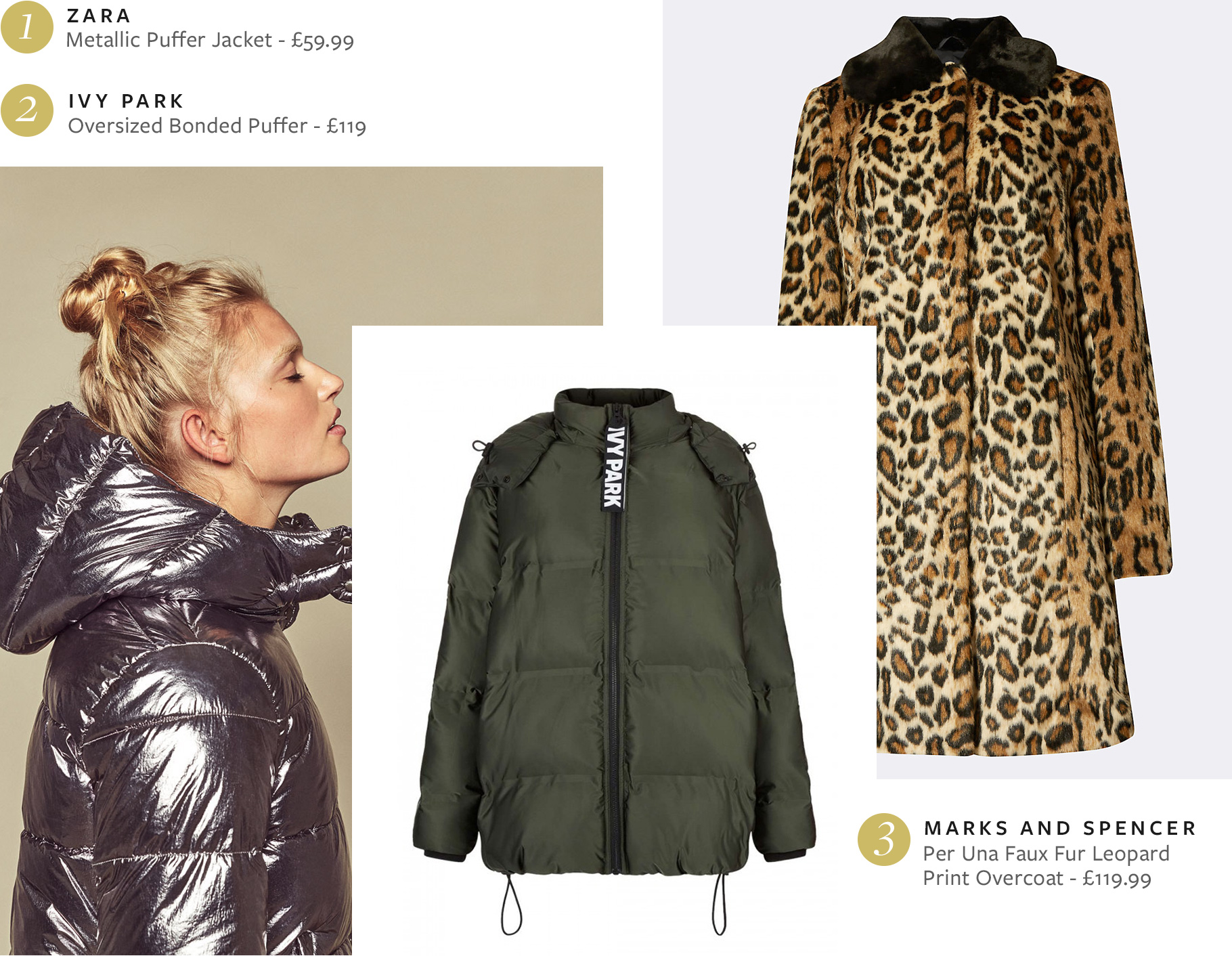 AW16 - Zara Metallic Quilted Jacket, Ivy Park Oversized Bonded Puffer, M&S Per Una Faux Fur Leopard Print Overcoat