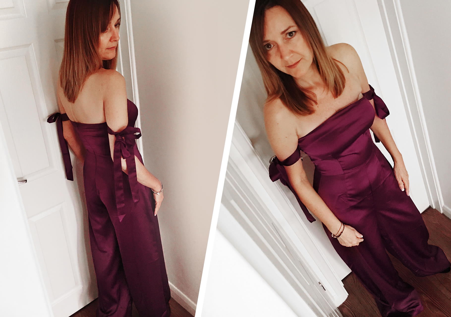 Dawn wears Missguided- Burgundy Satin Bardot Tie Sleeve Jumpsuit