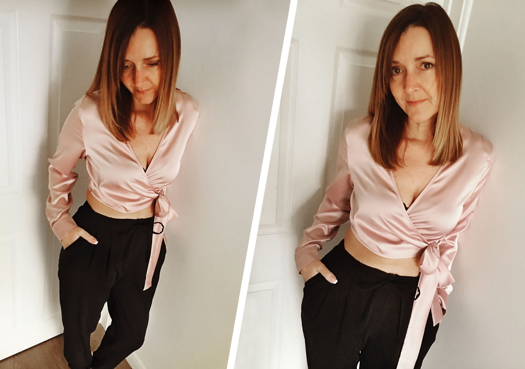 Dawn wears Missguided- Long Sleeve Satin Wrap Front Crop Pink with Urban Outfitters- Light Before Dark Zip-Front Black Trousers