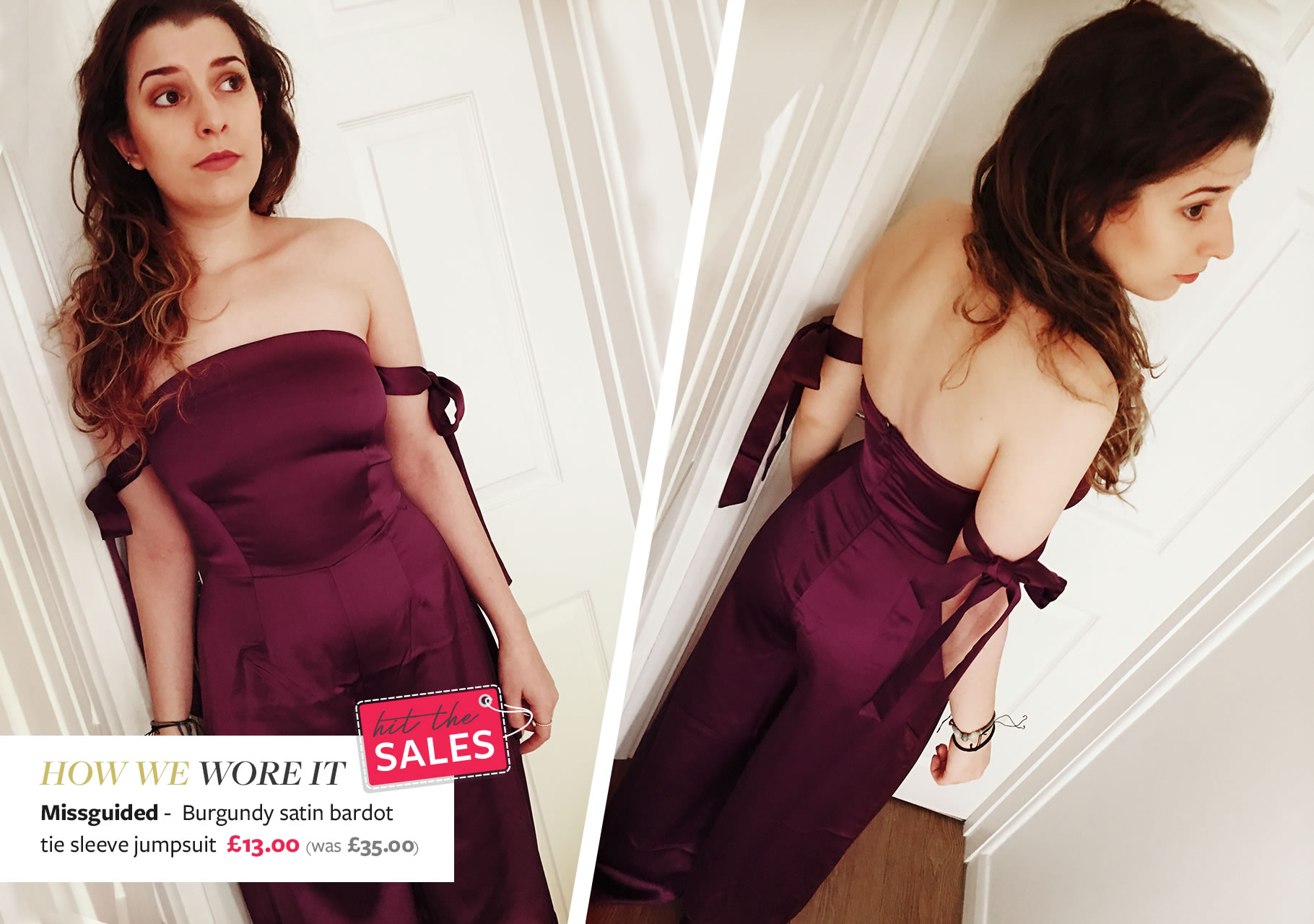 Emilie wears Missguided- Burgundy Satin Bardot Tie Sleeve Jumpsuit