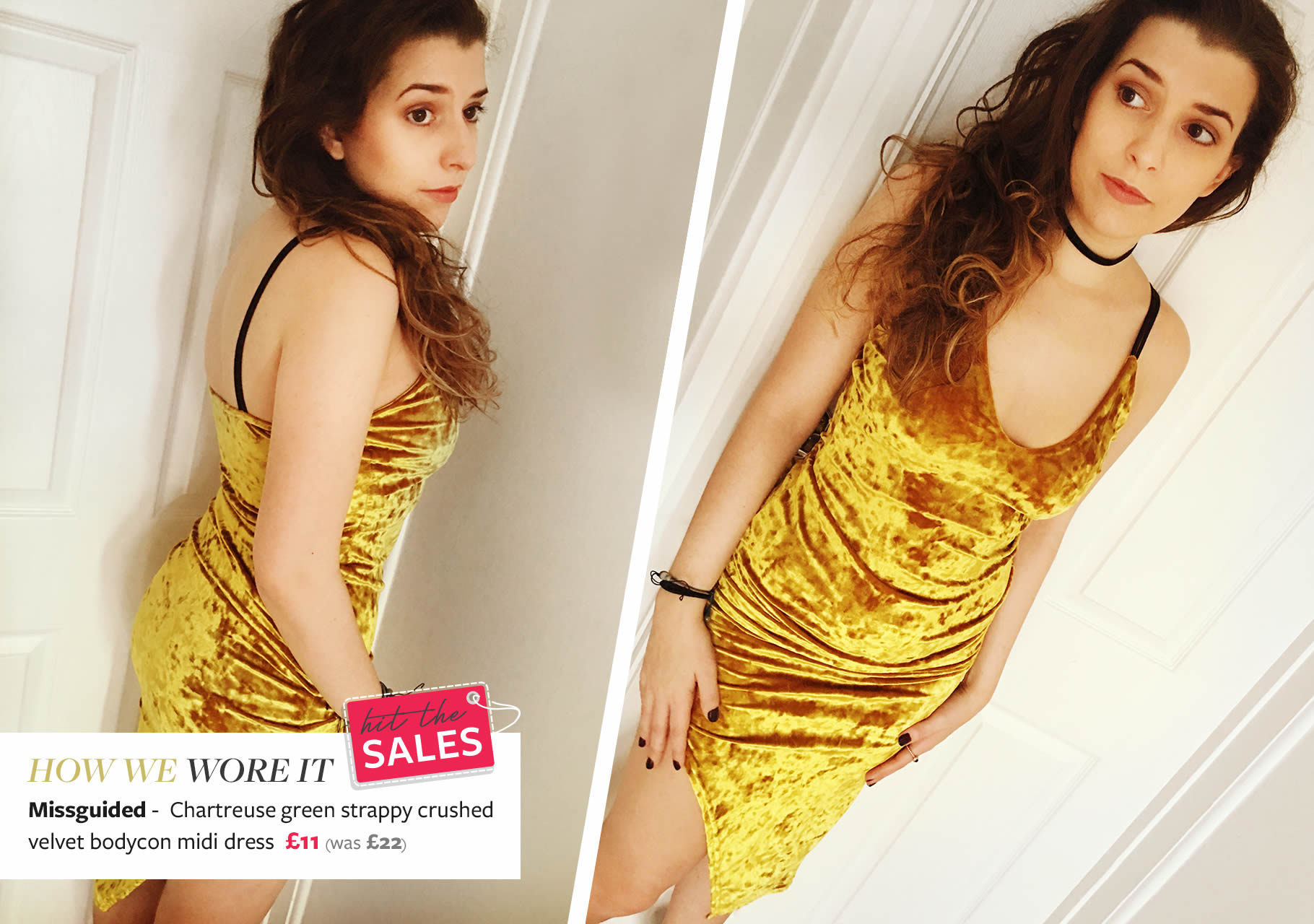 Emilie wears Missguided- Chartreuse Green Strappy Crushed Velvet Bodycon Midi Dress