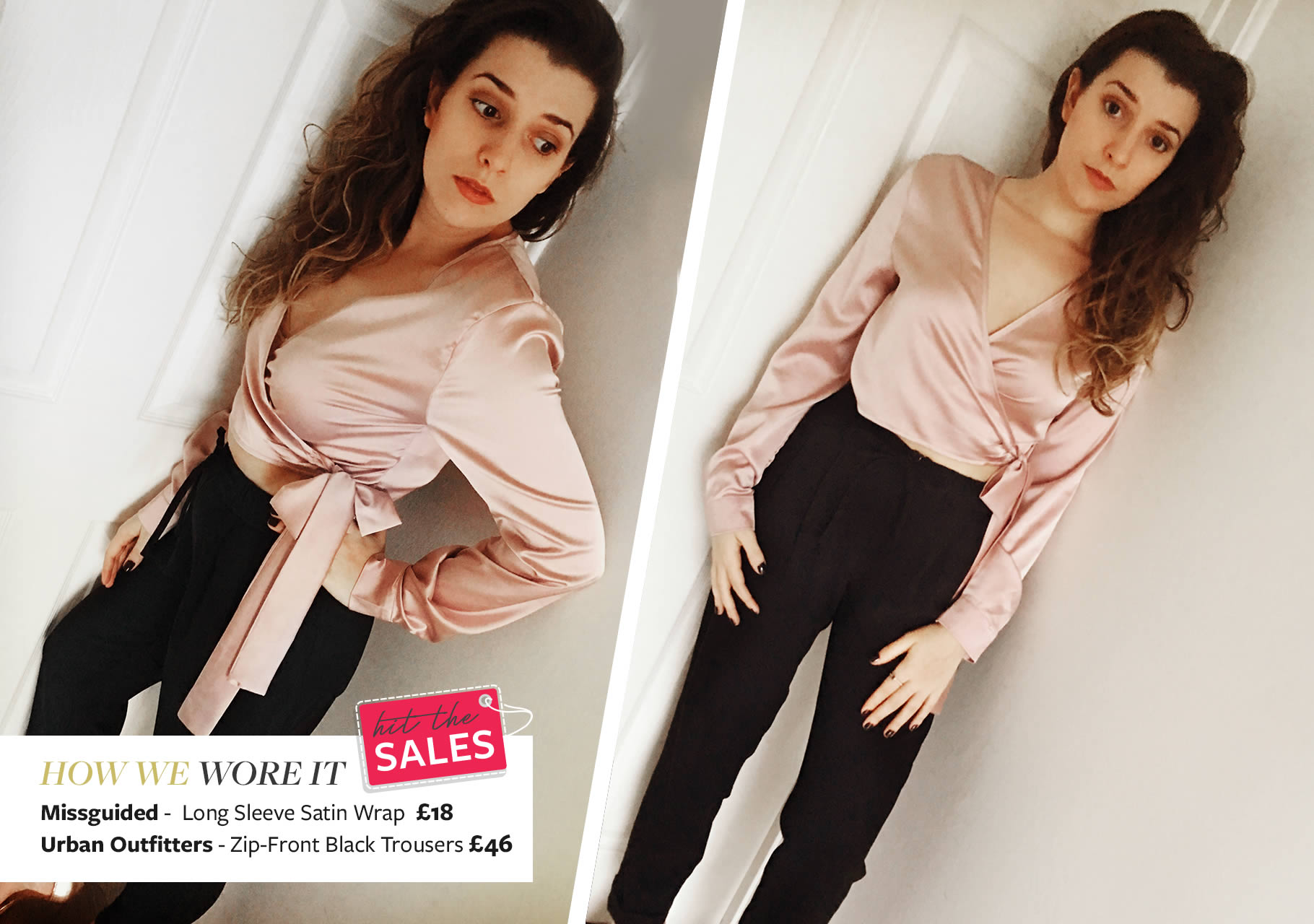 Emilie wears Missguided - Long Sleeve Satin Wrap Front Crop Pink with Urban Outfitters- Light Before Dark Zip-Front Black Trousers