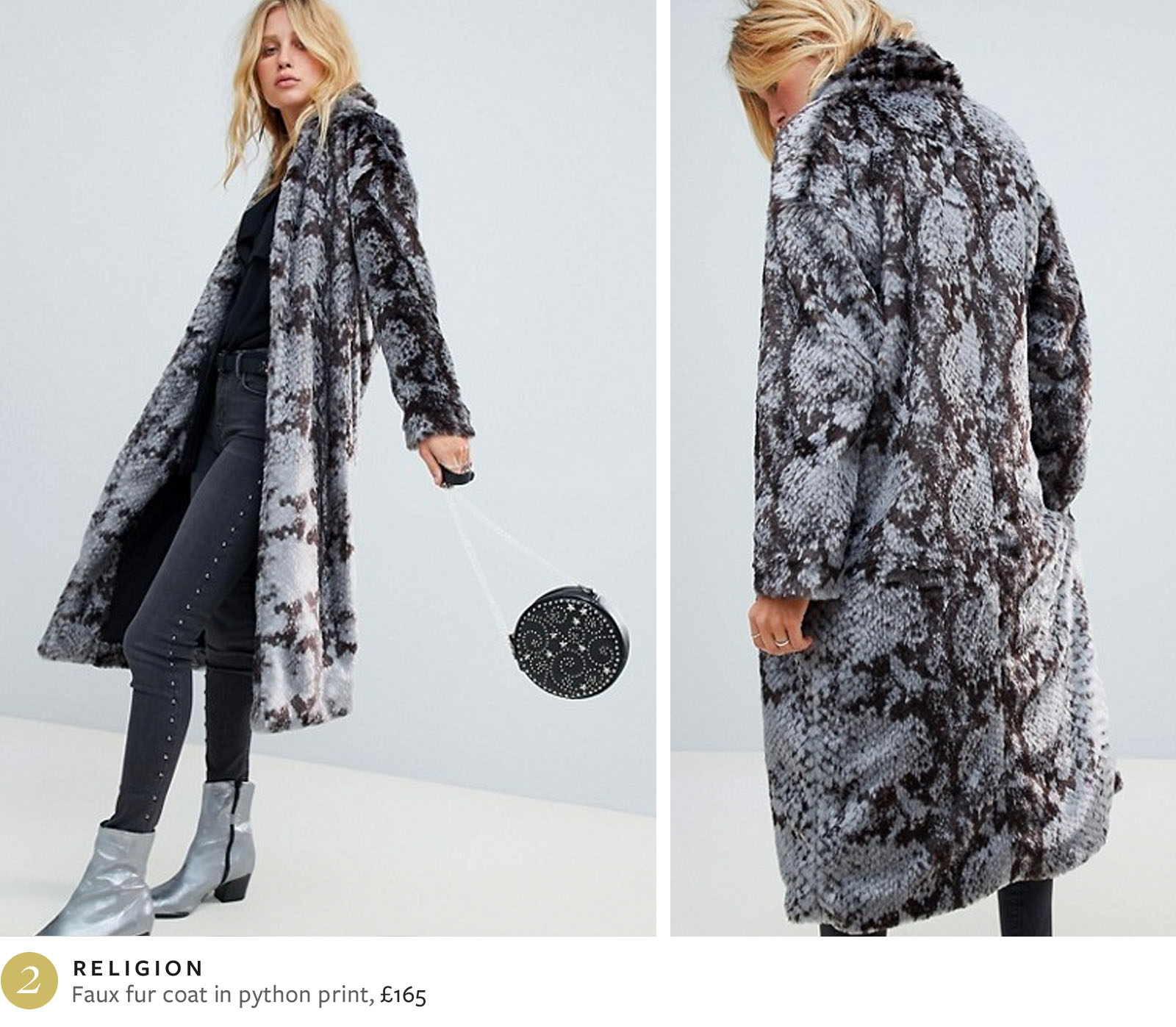 Religion faux fur coat in python print